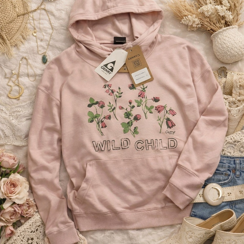 Wild Child Hoodie NWT Women’s Gerry Soft Pink Graphic Sweatshirt Size S